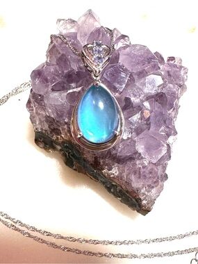 Aurora Moonstone with Blue Tanzanite Sterling Silver Pendant with Chain Necklace